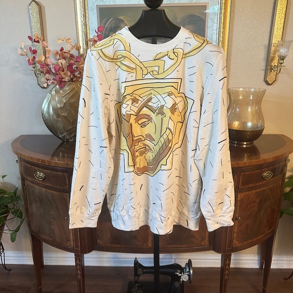 Yellow Hook Yellow Jesus Print Dashed Crewneck Art Sweatshirt - Picture 1 of 6